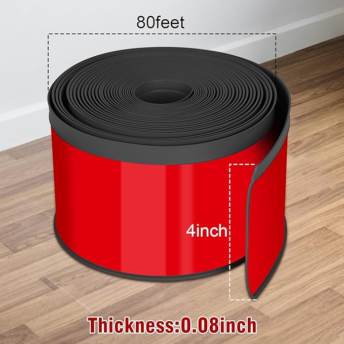 Vinyl Baseboard Molding Trim 4 Inch x 80 Feet Peel and Stick Baseboard Trim Flexible PVC Cove Base Moulding Self-Adhesive Trim for Garage Bathroom Cabinet Floor Walls, Black