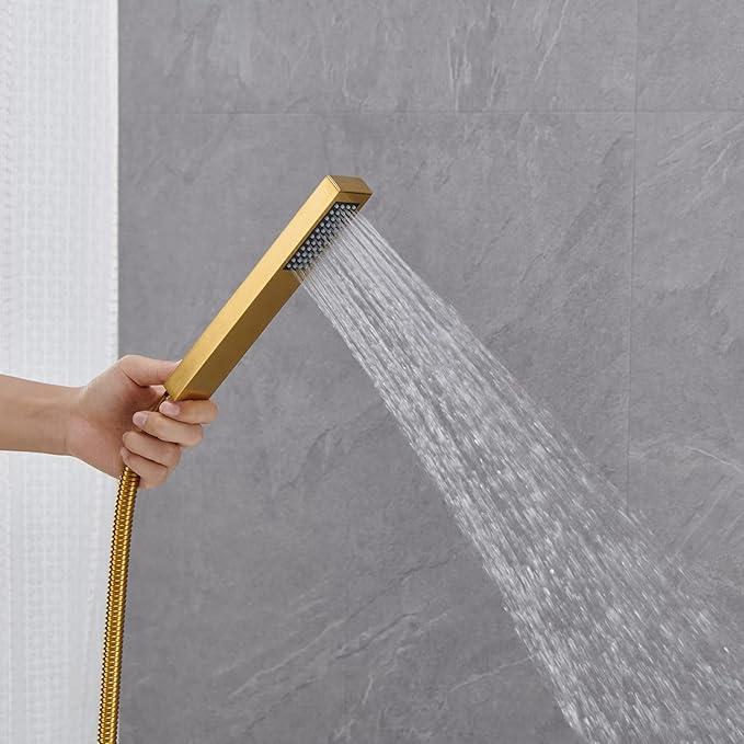 Freestanding Bathtub Faucet Tub Filler Brushed Gold Floor Mount Bathroom Faucets Brass Single Handle with Hand Shower