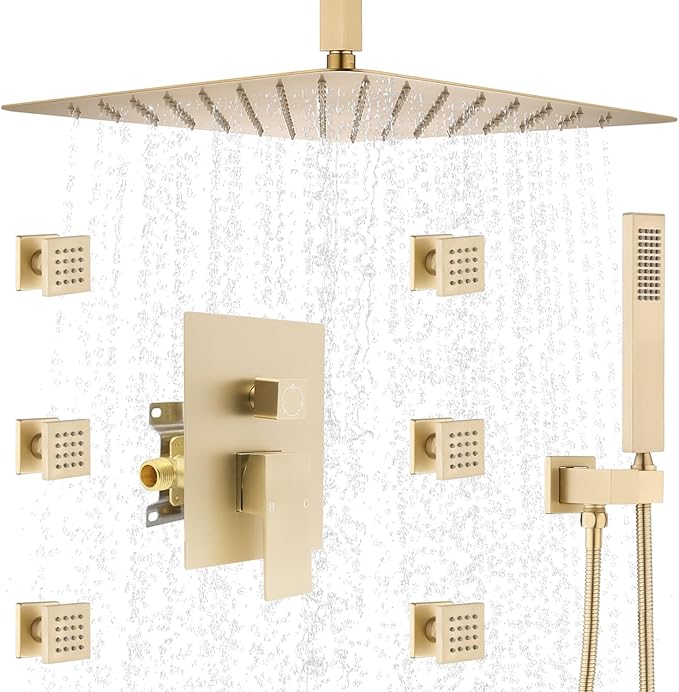 Rain Shower System, 16 Inch Ceiling Mounted Shower Faucet, Shower Combo Set with Rain Shower, Handheld Shower Head, 6 Massage Body Sprays and Pressure Balance Valve Kit