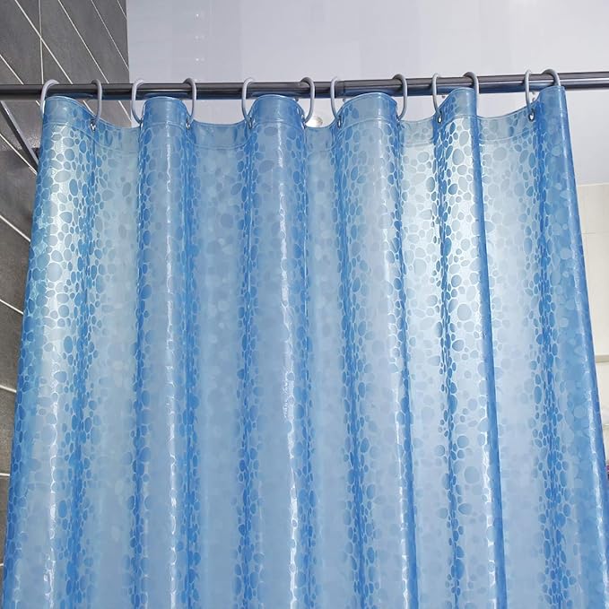 WELTRXE EVA 8G Shower Curtain Liner, 72x72 Inch 3D Blue Pebble Heavy Duty Waterproof Bathroom Shower Liner with Weighted Magnets Thick Clear Plastic Shower Curtains for Shower Stall, Bathtub, 12 Hooks