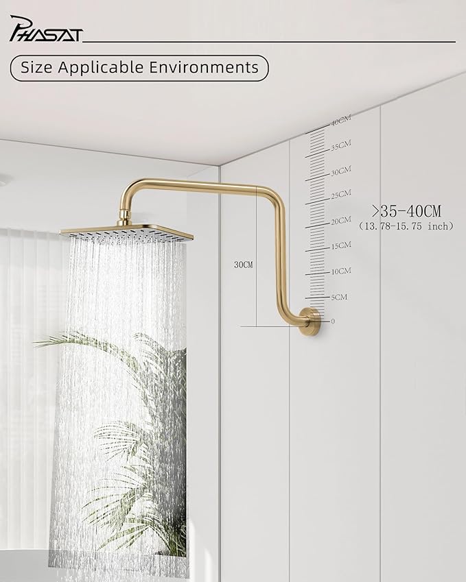 PHASAT S Shaped Shower Arm, High Rise Shower Arm with Flange, Brushed Gold