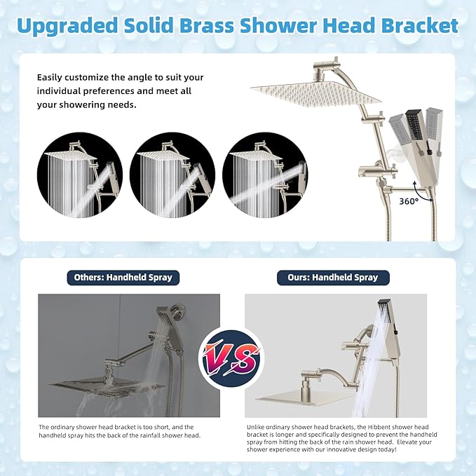Hibbent All Metal CUPC Certified 10'' Rainfall Shower Head, Dual Shower Head Combo, High Pressure Handheld 4 Sprays Shower Wand, 16'' Adjustable Extension Arm, 71'' Hose, Shower Holder, Brushed Nickel