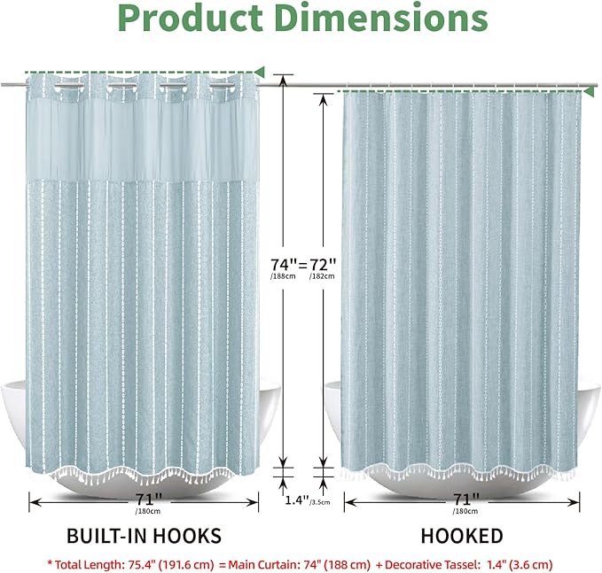 Boho Farmhouse No Hook Shower Curtain Set with Snap-in Fabric Liner,Heavy-Duty Linen Textured Rustic Striped Design,Water-Repellent with Tassels and Sheer Window,Fog Blue,71x74