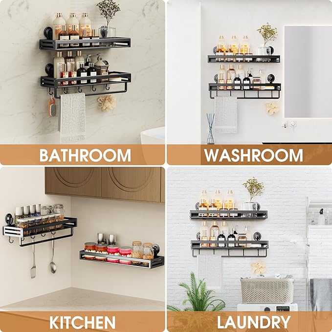 Shower Caddy Suction Cup, 15.8 inch 2 Pack Suction Shower Shelf with Hooks NO-Drilling Bathroom Holder, Rustproof Bathroom Organizer, Black,Includes 2 Extra Suction Cups for Replacement Use