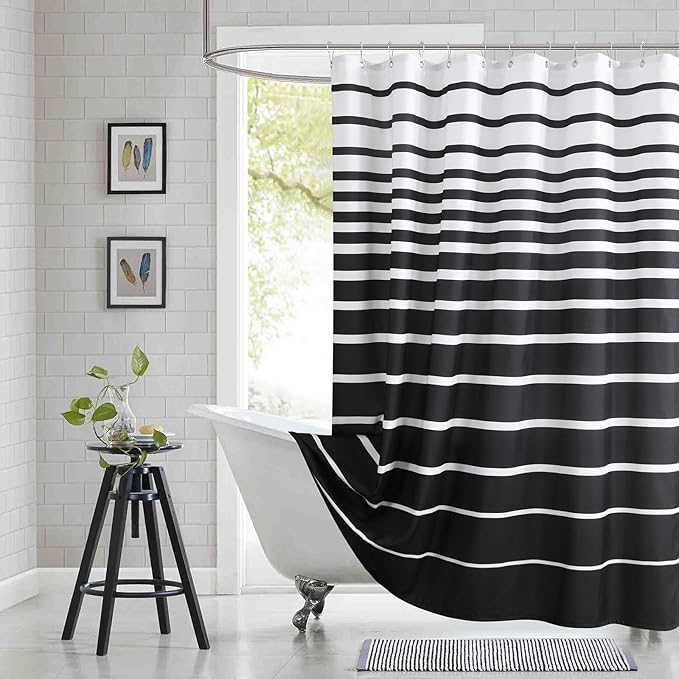 Extra Long Black Shower Curtain, Modern Black and White Stripe Waterproof Polyester Shower Curtains for Bathroom, 72x84 Inches