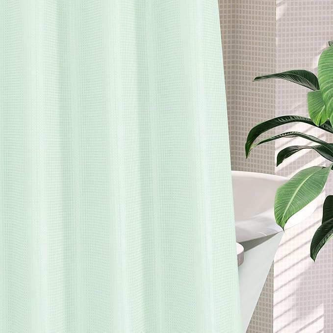 MitoVilla Green Long Shower Curtain Liner Set 72 x 80, No Hooks Needed 80 inch Long Heavyweight Waffle Fabric Shower Curtain Set with Snap-in Liner for Hotel Grade Spa-Like Bathroom Decor, Mint Green