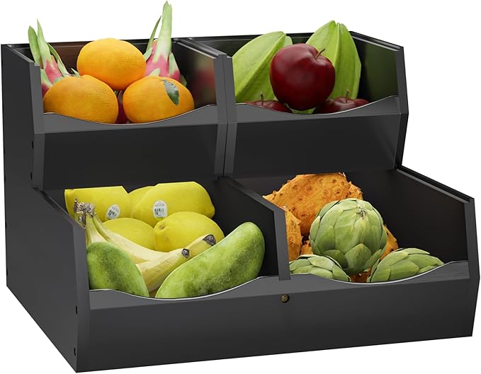3 Set Bamboo Pantry Organizers and Storage, Open Front Vegetable Fruit Seasonings Stackable Storage Bins, Rustic Stacking Storage Bins for Pantry, Office, Bedroom, Kitchen Counter Organizer (Black)
