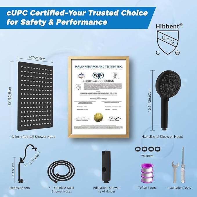 Hibbent cUPC Certified All Metal 12" Rainfall Showerhead Combo, High Pressure Shower Head with 10-Sprays Handheld, Innovative 4-way Diverter with Pause Mode, 71'' Shower Hose and Holder, Matte Black