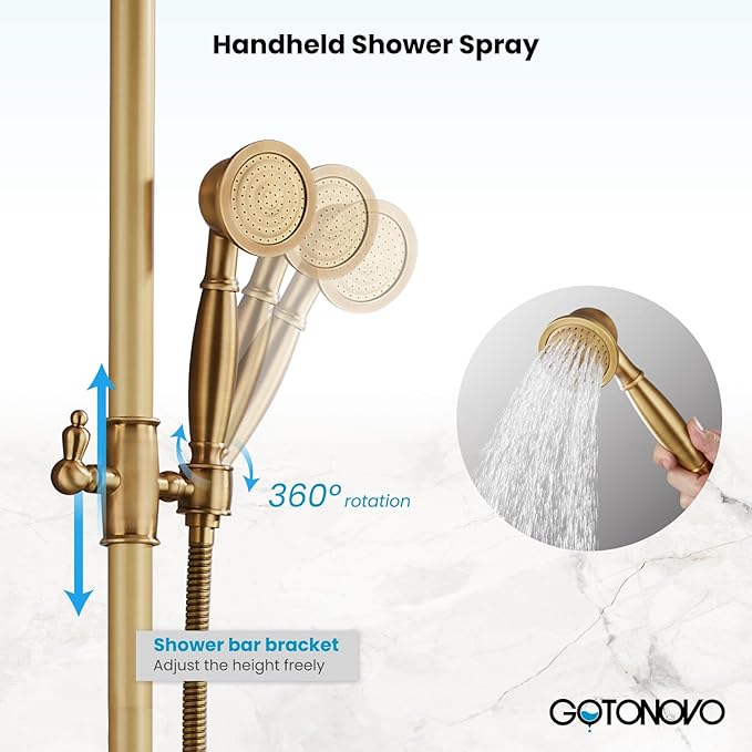 gotonovo Bathroom Classic Exposed Shower Faucet Wall Mount Shower System 8 Inch Luxurious Rainfall Shower Head Set with Tub Spout and Handheld Spray Double Cross Handles Antique Brass