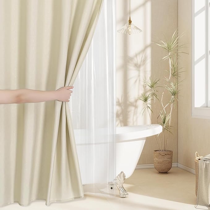 MitoVilla 3 in 1 Shower Curtain Set, Neutral Boho Farmhouse Linen Textured Bath Curtain and Clear PEVA Liner Set with 12 Double Sided Steel Hooks, Waterproof Fabric Hotel Bathroom Curtain - 72x72