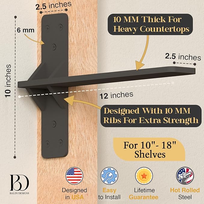12 inch Floating Countertop Support Brackets by Balin Designs, Free hanging Floating Shelf Brackets Heavy Duty, Invisible Wall Shower Bench T Support for Vanities, Granite Countertops, (2 pack)