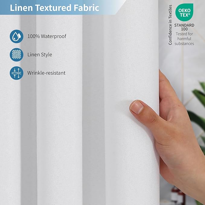 2-in-1 Waterproof Extra Long Fabric Shower Curtain or Liner,Linen Textured,84 Inch Breathable TPU & Washable Bathroom Shower Curtain Set with 12 Plastic Hooks,Modern,72"x84",White
