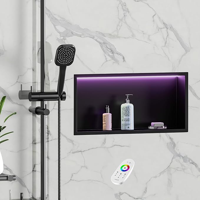 RGB LED Light Shower Niche, Matte Black 24X12 in Stainless Steel Recessed Storage with Remote Control, Waterproof No Tile Needed Wall Niche for Bathroom Storage Built-in Installation