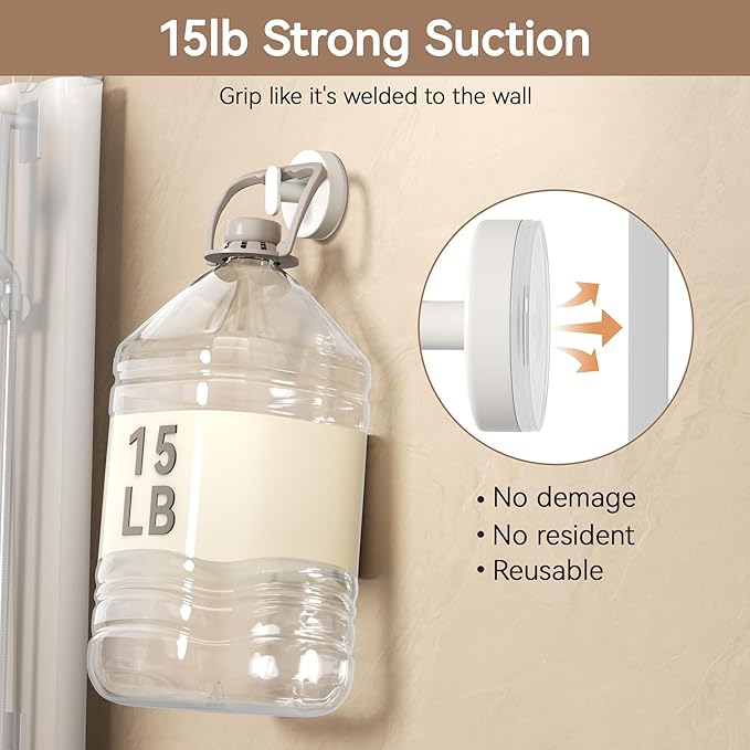 Suction Cup Hooks for Shower: 15 LB Strong Wall Hanger for Bathroom, Front door, Glass, Window, RV, Holder for Towel, Christmas Wreath, Coat, Loofah, Waterproof & Reusable, Cream White 10-Pack