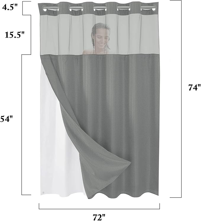 Gibelle No Hook Waffle Weave Shower Curtain with Snap-in Fabric Liner Set for Bathroom, Hotel Style with Mesh Top Window, Waterproof & Washable, Grey, 72x74