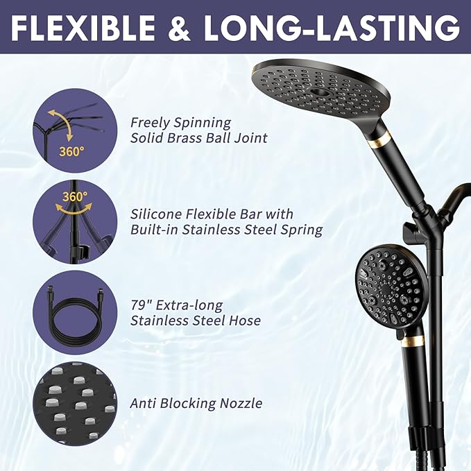 HOWUWEY Filtered Dual Shower Head with Handheld Spray Combo for Hard Water, 7.5-inch Modern High Pressure Shower Head with 9-mode Handheld and Filter, 79-inch Hose (Filtered, Matte Black)