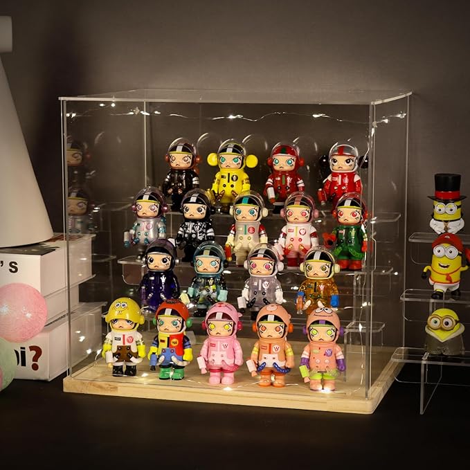 Choowin 4 Tier Clear Acrylic Display Case for Collectibles, Mini Figures, Pop Mart, Labubu, Sonny Angel, Smiski - Assemble Dustproof Acrylic Display Box with Door, Stand (Black Base, Clear Step)