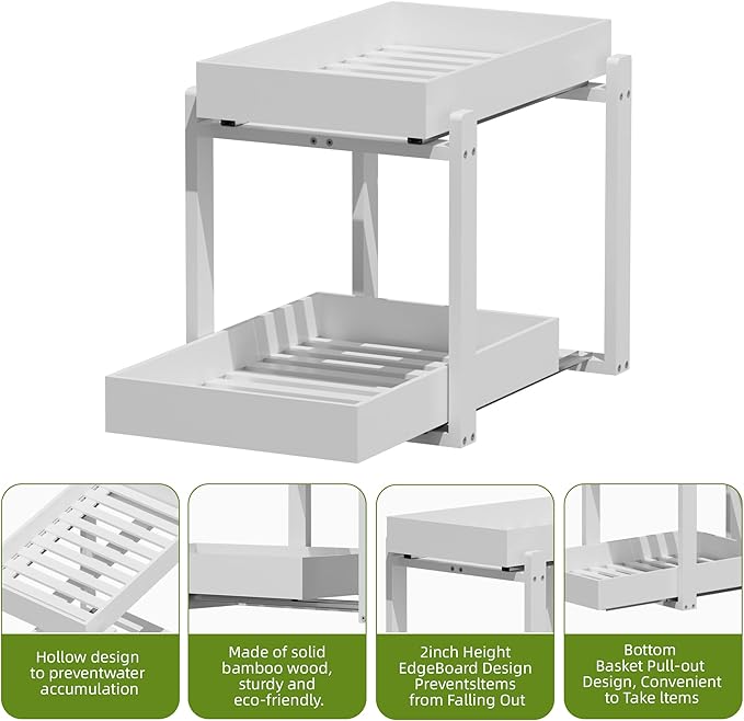 2 Pack Under Sink Organizer, Bamboo Wooden 2-Tier Pull-Out Storage with Sliding Drawers for Kitchen and Bathroom Cabinets, Easy Installation (White, 2 Packs)