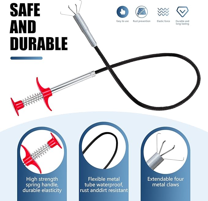 63'' Flexible Grabber Claw (4 Claws), Drain Snake with Tweezers, Bendable Hose Grabber Reacher Tool, Retractable Drain Clog Remover Tool, Pickup Tool for Bath Tub, Toilet, Kitchen Sink & Sewer