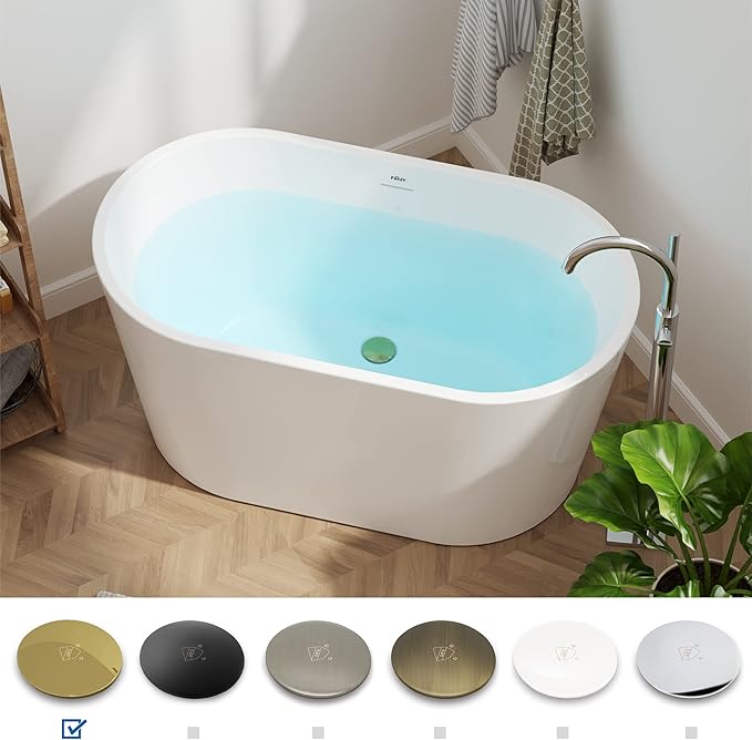 FerdY Shangri-La 47" Acrylic Freestanding Bathtub with Headrest, Small Classic Oval Shape Acrylic Soaking Bathtub with Polished Gold Drain & Overflow& Bath Pillow, cUPC Certified