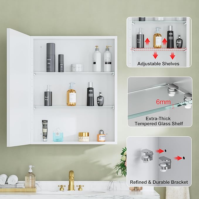 Buruis 24" x 30" Framed Medicine Cabinet with Mirror, Recessed or Wall Mounted Bathroom Cabinet, Adjustable Tempered Glass Shelves, Left/Right Open Reversible, No Assembly Required, White
