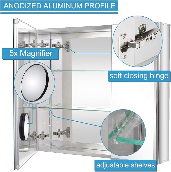 Fundin Bathroom Mirror Medicine Cabinet Aluminum Storage Cabinet 30 x 26 inch Beveled Edge Frameless Double Sided Mirror Door Recess or Surface Mount with 5X Magnifying Makeup Mirror