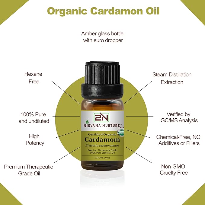 Cardamom Essential Oil USDA Certified Organic, 100% Pure Natural Premium Grade, Undiluted