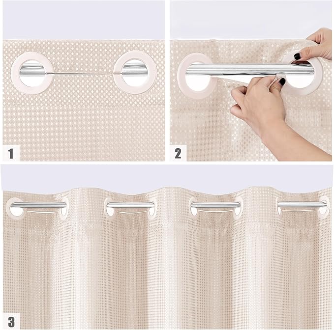 MitoVilla Pink Long Shower Curtain Liner Set 72 x 80, No Hooks Needed 80 inch Long Heavyweight Waffle Fabric Shower Curtain Set with Snap-in Liner for Hotel Grade Spa-Like Bathroom Decor, Blush Pink