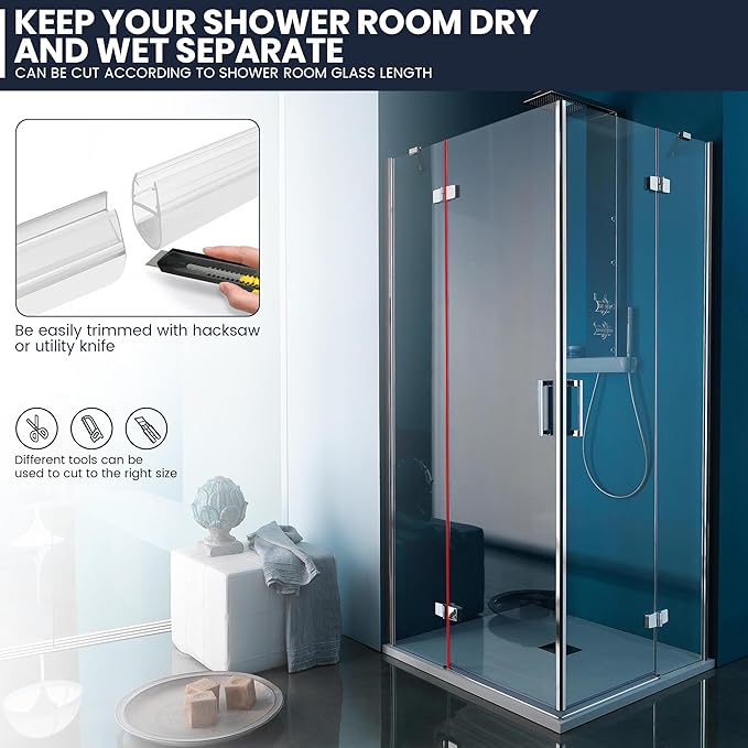 Shower Glass Door Side Seal, 2PCS 78 Inch Ultra Clear U-Shape PVC Seal Strip, for 1/4"(6mm) Thick Frameless Glass Door, to Stop Water Leakage