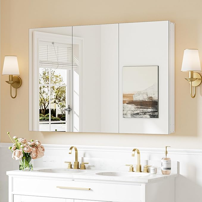 Keonjinn 48 x 32 Inch Large Medicine Cabinet Mirror, Assembly Required, White Bathroom Medicine Cabinets, Aluminum Framework, Adjustable Shelves, Tempered Glass, Soft Closing, Recessed or Wall Mount