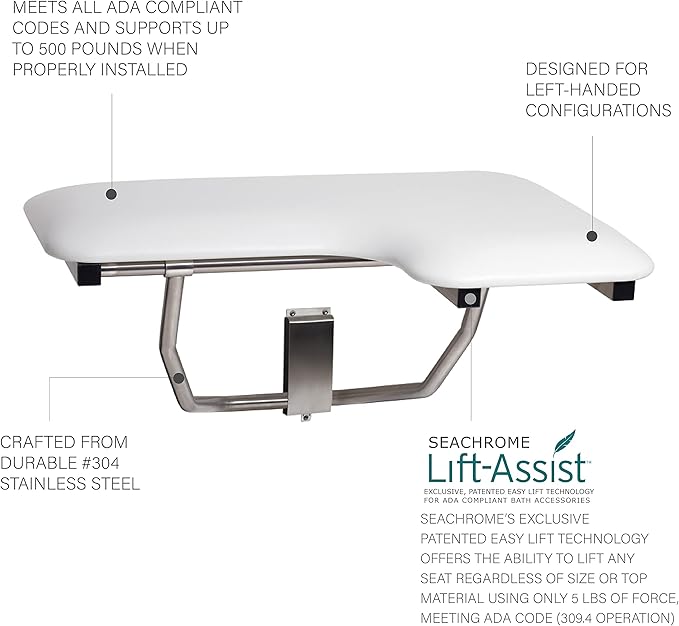 Seachrome Lift-Assist Shower Seat, L-Shaped Left-Hand, ADA, Wall Mount, Padded White Naugahyde