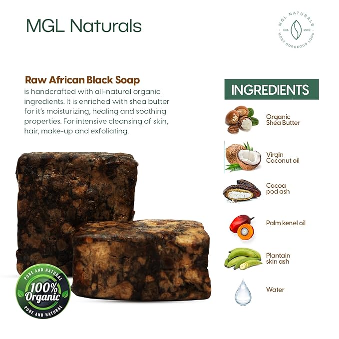 MGL Naturals Raw African Black Soap 5 lb bulk handmade from Ghana, Africa | Vegan & Organic | Face and body deep cleanse wash. (5 lb)