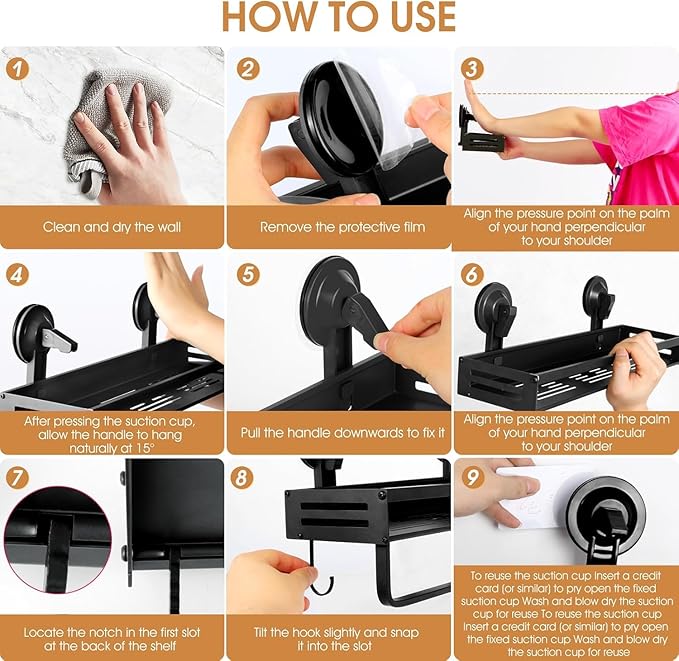 Shower Caddy Suction Cup, 11.8 inch 2 Pack Suction Shower Shelf with Hooks NO-Drilling Bathroom Holder, Rustproof Bathroom Organizer, Black,Includes 2 Extra Suction Cups for Replacement Use