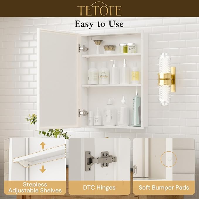 TETOTE 20" x 26" White Medicine Cabinet with Stepless Adjustable Shelves Beveled Mirror with Storage for Bathroom Vanity Recessed or Surface Wall Mount