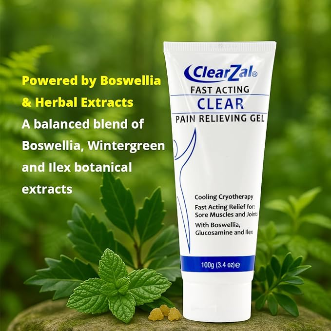 ClearZal Fast Acting Clear Pain Relieving Gel with Cooling Cryotherapy, Boswellia and Glucosamine for Sore Muscles and Joints, Soothing Cooling Gel 3.4 oz