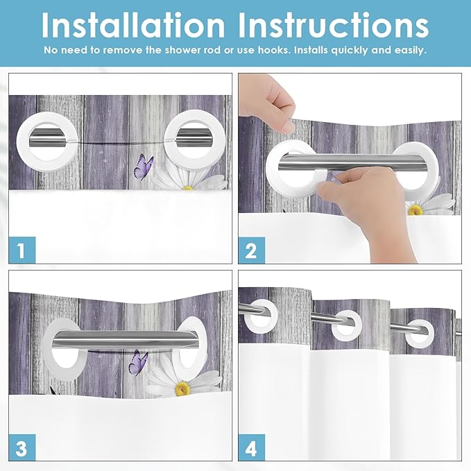 No Hook Flower Daisy Shower Curtain with Snap in Fabric Liner Set, Purple Wooden Boards Double Layers Waterproof Fabric with See Through Top Window Open Grommet Bath Curtain 71x86 Inch
