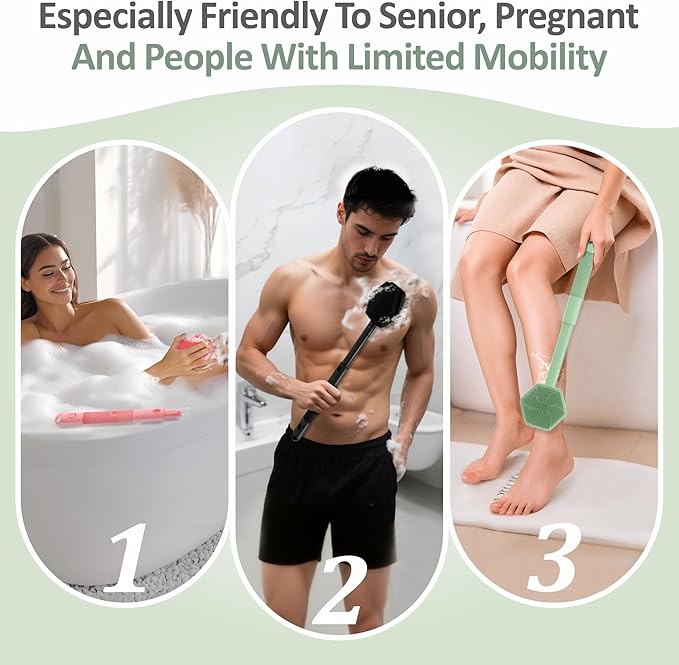 Silicone Back Scrubber & Soft Bath Glove 2PCS, 16''- 21''Extendable Back Scrubber with Dual-Side Large Head, 360° Anti-Slip Hand-fit Silicone Body Scrubber for Rich Foaming Deep Cleaning(Green)