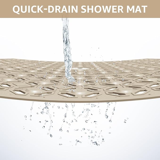 OTHWAY Square Shower Mat, 27"x 27" Extra Large Shower Mats for Inside Shower, TPE Anti Slip Shower Mat with Suction Cups Drain Holes, Machine Washable Shower Floor Mat (Brown)