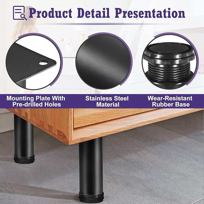 16 Inch Metal Furniture Legs Stainless Steel Adjustable Legs Black Metal Legs Round Cabinet Legs for Coffee Table Cabinet Desk Sofa Shelves, Pack of 4