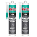 Akfix 918N White 100% Silicone Caulk for Kitchen and Bathroom (2x10.5 fl.oz.) - Solvent-Free, Low Odor, UV & Water Resistant, Fast Curing, Paintable, High Elasticity Silicone Sealant | White, 2 Pack