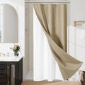 3 in 1 Stall Half Size Beige Shower Curtain Set-36 W x 72 H, Tan Waffle Waterproof Fabric and PEVA Liner Set with Stainless Steel Hooks