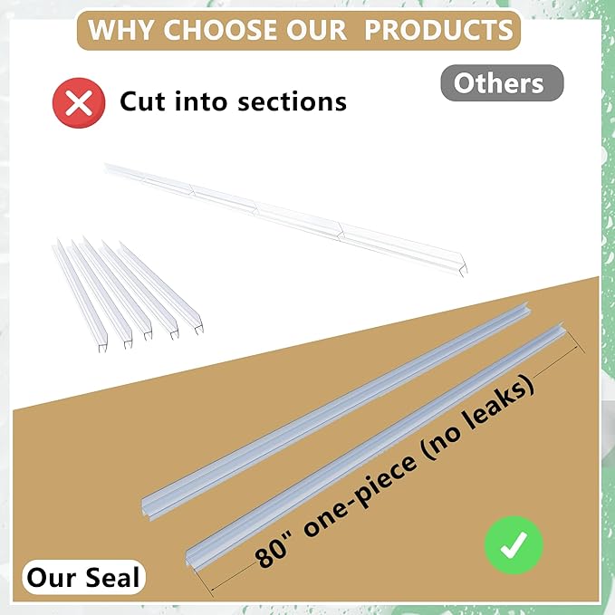 2-Pack Frameless Shower Door Seal Strip, 80" Long Shower Door Side Seal for 3/8" (10mm) Thick Glass – Prevent Leaks & Create a Waterproof Barrier