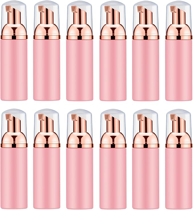 2 Oz Empty Foam Pump Bottle (12PCS) Travel Foaming Soap Dispenser for Hand Soap, Lash Shampoo Cleanser (Pink&Rose Gold)