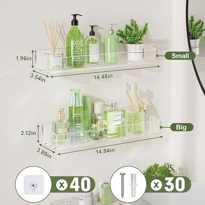 10PCS Acrylic Floating Shelves for Wall, 15" Clear Acrylic Shelves, Bathroom Shelf with Two Types of Installation, Space Saving Hanging Wall Shelf for Bathroom, Living Room, Bedroom, Kitchen
