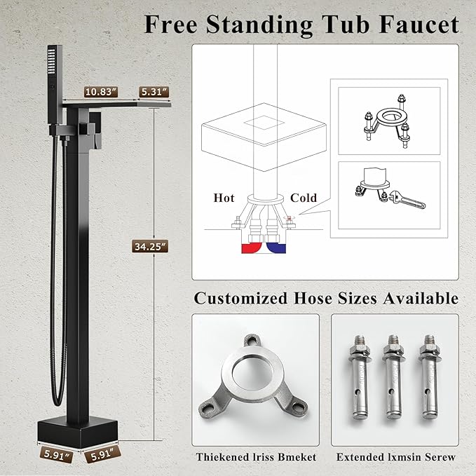 Freestanding Bathtub Faucet with Handheld Sprayer, Matte Black Floor Mount Tub Filler, High Flow Waterfall Brass Bath Shower Faucet for Modern Bathroom