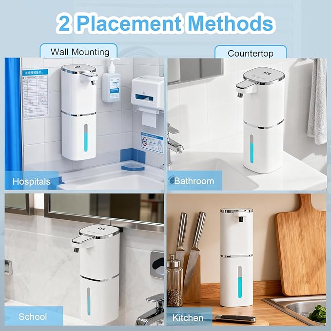 Automatic Foaming Soap Dispenser Touchless, USB Rechargeable Smart Hand Soap Dispenser, 9-Level Adjustable, Physical Button Operation, 13.5oz/400mL Wall Mounted for Bathroom Kitchen Dish Soap