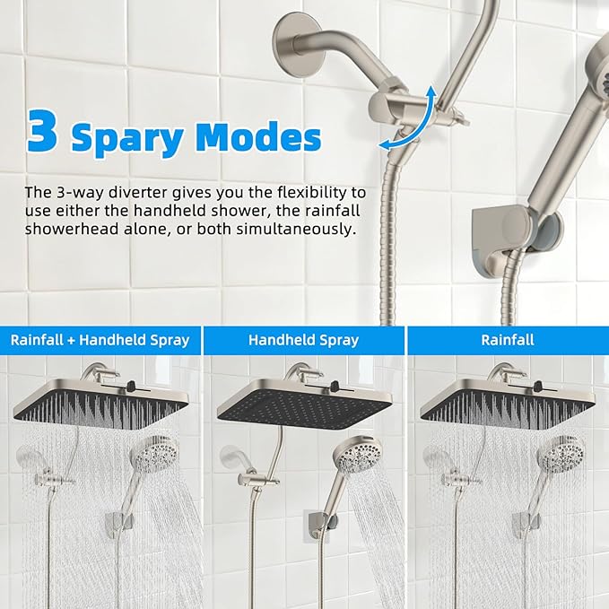 Hibbent cUPC Certified High Pressure 13'' Dual Shower Head Combo with 10-mode Handheld Spray, Rainfall 5-spray Shower Head, 12'' Adjustable Extension Arm, 71'' Hose, Showerhead Holder, Brushed Nickel