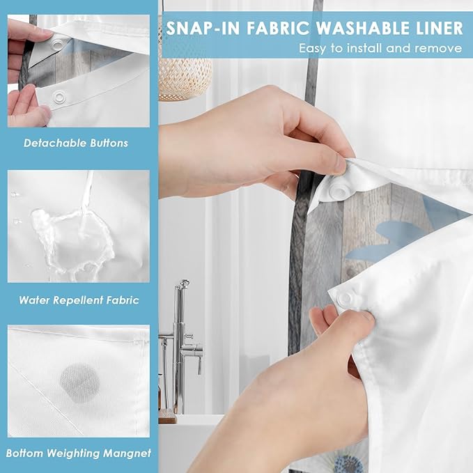 No Hook Rustic Farmhouse Shower Curtain with Snap in Fabric Liner Set, Blue Daisy Flowers and Butterfly on Wooden Double Layers Waterproof with See Through Top Bath Curtain 71x86 Inch