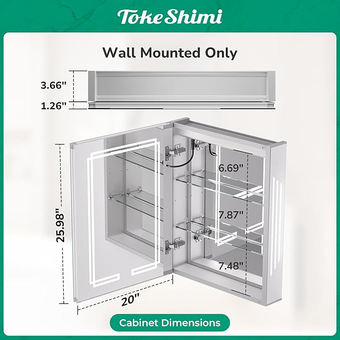 TokeShimi Lighted Medicine Cabinet 20x26, 3 Color Tempered LED Medicine Cabinet Mirror with Storage and Defogger, Stepless Dimming, CRI 80+ Anti-Fog, Memory Funtion, Wall Make up Mirror for Bathroom