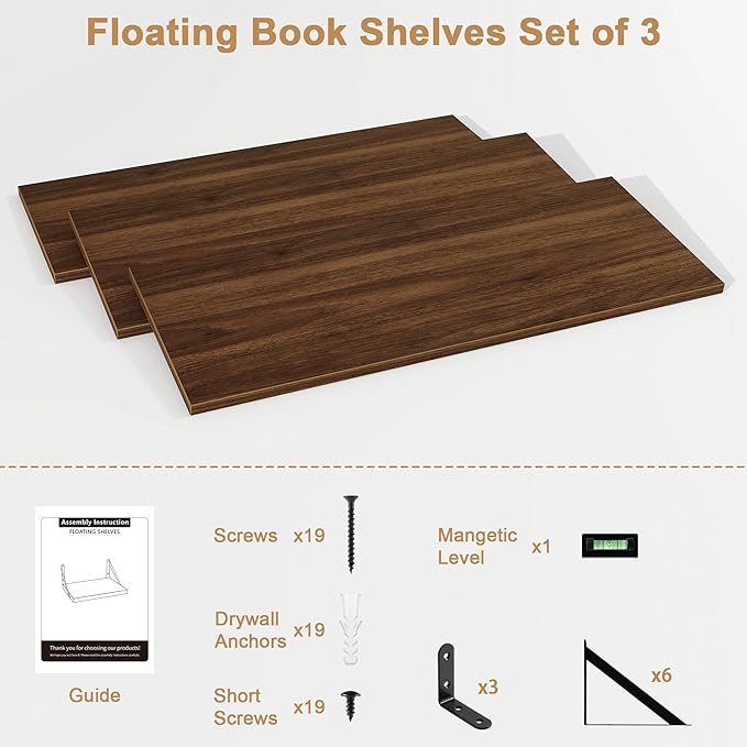 Fun Memories Floating Shelves, 32 x 8 Inches, Set of 3 Wall-Mounted Bookshelves with Metal Brackets, Decorative Storage for Home and Office (Walnut)